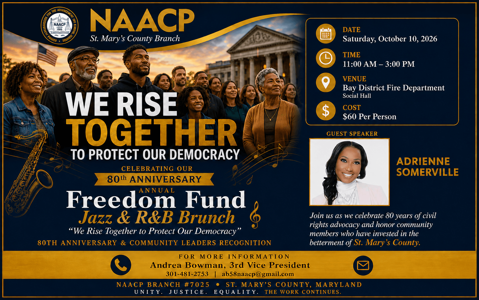 Annual Freedom Fund Jazz & R&B Brunch flyer — Saturday, October 10, 2026 at the Bay District Fire Department Social Hall